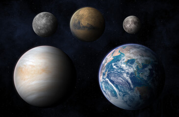 Earth, Mars, Venus, Mercury and Moon size comparison. The scale difference of the planets Earth,...