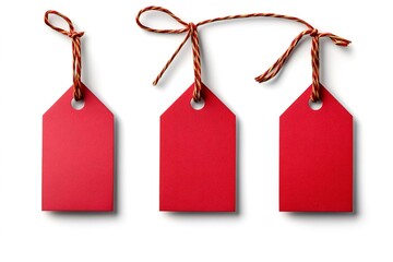 Three red blank hanging gift tags with gold and red string on white background
