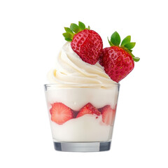 A glass of yogurt topped with fresh strawberries and mint leaves on a wooden table.