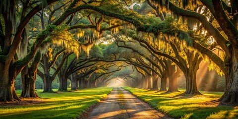 Obraz premium Antebellum South: Scenic Grassy Path Under Majestic Live Oak Trees Draped in Spanish Moss