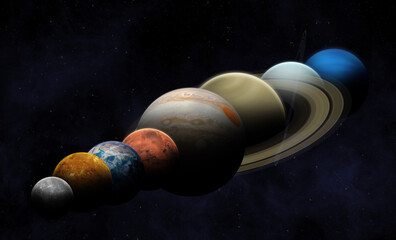 Planetary parade. A planetary alignment, see eight planets - Mercury, Venus, Earth, Mars, Jupiter, Saturn, Uranus and Neptune. Solar System planets. Elements of this image furnished by NASA.