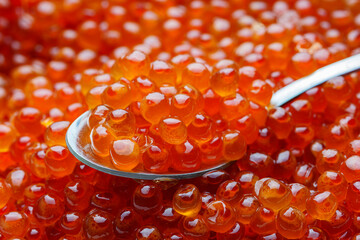 Salmon fish roe. Ikura. Red caviar. Closeup shot of fresh trout caviar.