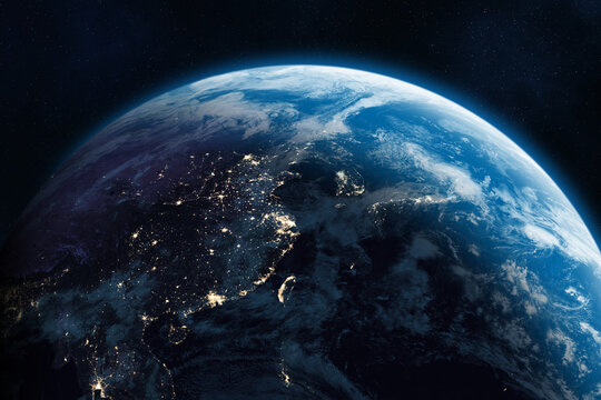 Planet Earth at night. China, Japan, North Korea, South Korea, Taiwan, Philippines, Vietnam and other countries. East Asia. This image elements furnished by NASA.