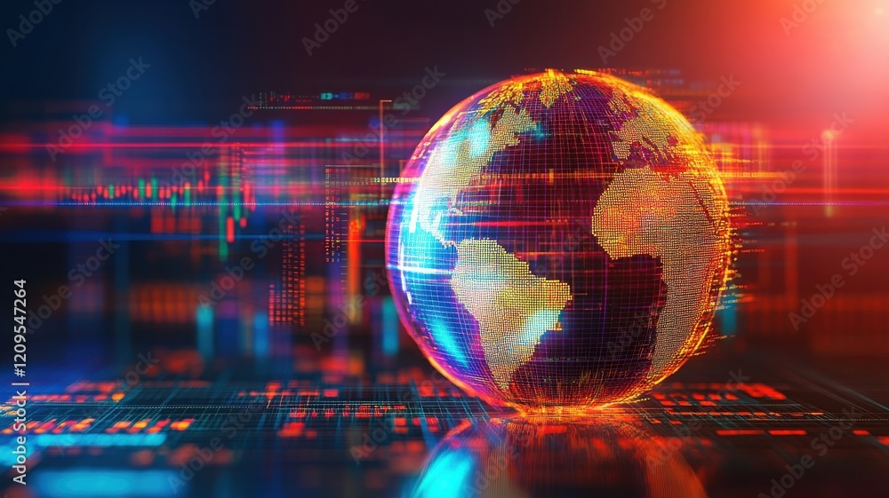 Aufkleber a vibrant, digital representation of earth, illuminated with glowing lines and data streams, symboli