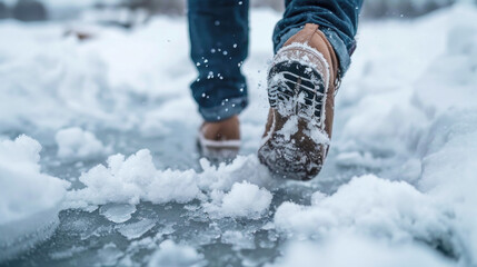Close-up of boots stepping on icy snow, capturing the texture and slippery conditions of winter walking..