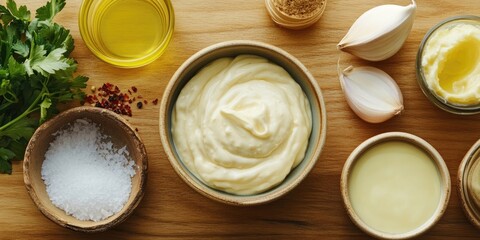Closeup of creamy homemade mayonnaise in a bowl surrounded by garlic, spices, oil, and fresh herbs on a wooden table with natural lighting