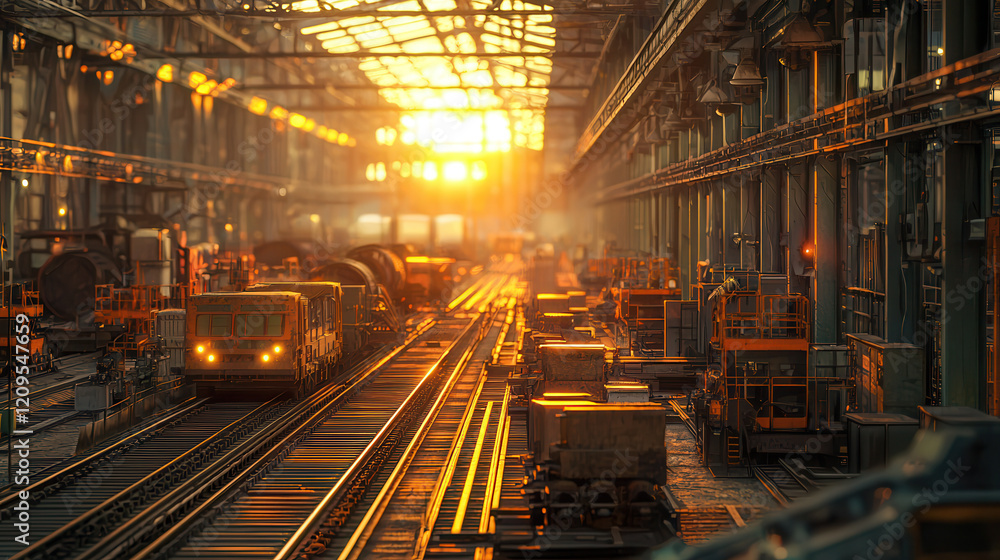 Poster bustling industrial factory with automated machinery and conveyor systems illuminated by warm sunlig