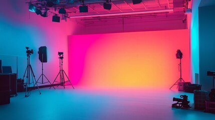 Professional lighting and video equipment illuminating vibrant studio backdrop