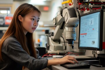 Engineer controlling robotic arm with computer in laboratory