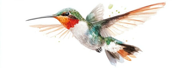 Obraz premium A watercolor painting of a graceful hummingbird hovering in mid-air, its delicate wings beating rapidly.
