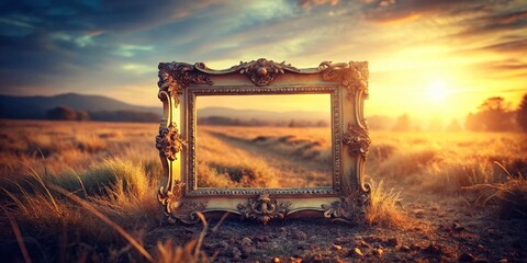 Antique Photo Frame, Empty Field, Surreal Landscape, Vintage Photography, Dreamy Scenery