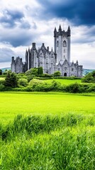 Obraz premium A Majestic Castle Amidst Verdant Fields: A majestic stone castle with intricate architecture and soaring towers stands majestically in a sprawling green field.