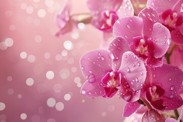 Fototapeta premium Beautiful pink orchids blooming with water drops on pink bokeh background