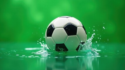 Naklejka premium A Classic Black and White Soccer Ball Creates a Splash in Vibrant Green Water