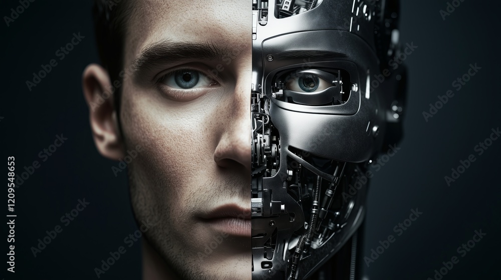 Poster man merging with artificial intelligence, half human, half robot face