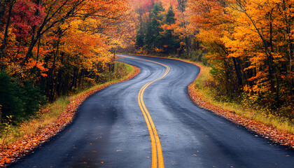 Naklejka premium Beautiful view of asphalt road going through autumn forest top view