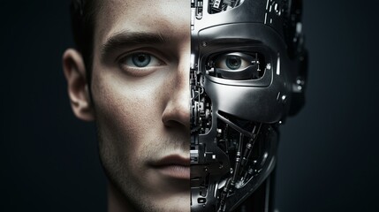 Man merging with artificial intelligence, half human, half robot face