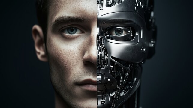 Man merging with artificial intelligence, half human, half robot face