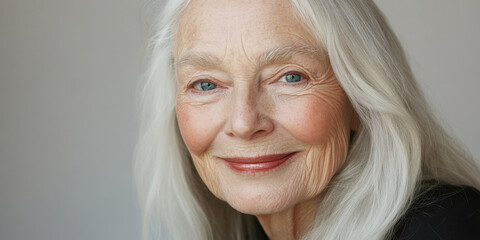 An elderly woman with long silver hair and expressive blue eyes sits against a soft neutral backdrop. Her warm smile conveys wisdom and serenity in the tranquil indoor space.