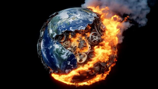 A burning, mechanical earth exploding symbolizes environmental destruction and industrialization.