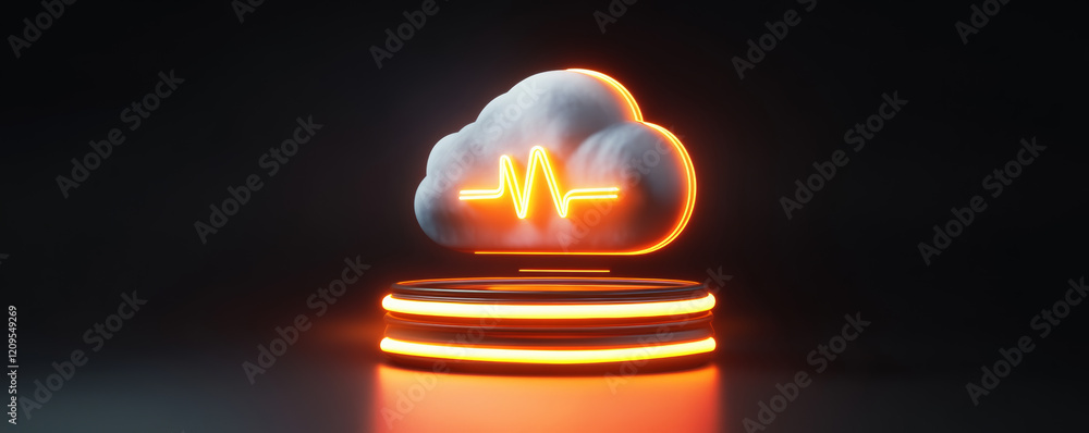 Poster cloud icon with glowing heartbeat line, representing health monitoring and data security in technolo