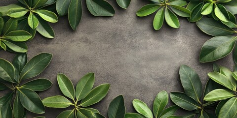 Flat lay of rich green adenium leaves framing a textured gray backdrop providing ample negative space for text showcasing tropical summer vibes