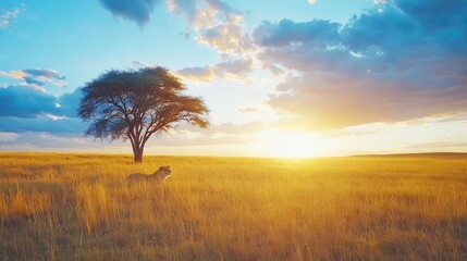 Fototapeta premium Golden Hour in the Savannah: A solitary lioness basks in the golden light of the setting sun, silhouetted against the vast expanse of the African savanna.