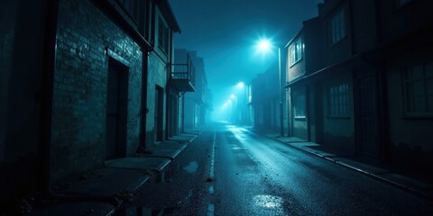 Fototapeta premium Mysterious Foggy Night Street Scene Empty Lane at Dusk with Old Buildings and Wet Asphalt