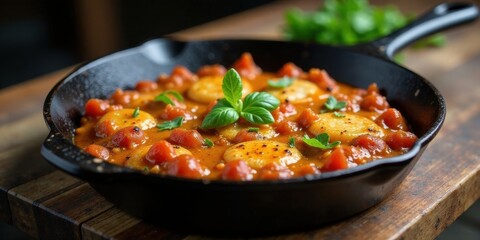 Fototapeta premium Aromatic Creamy Tomato Sauce with Soft Pillows of Potato Dumplings in a Rustic Cast Iron Skillet