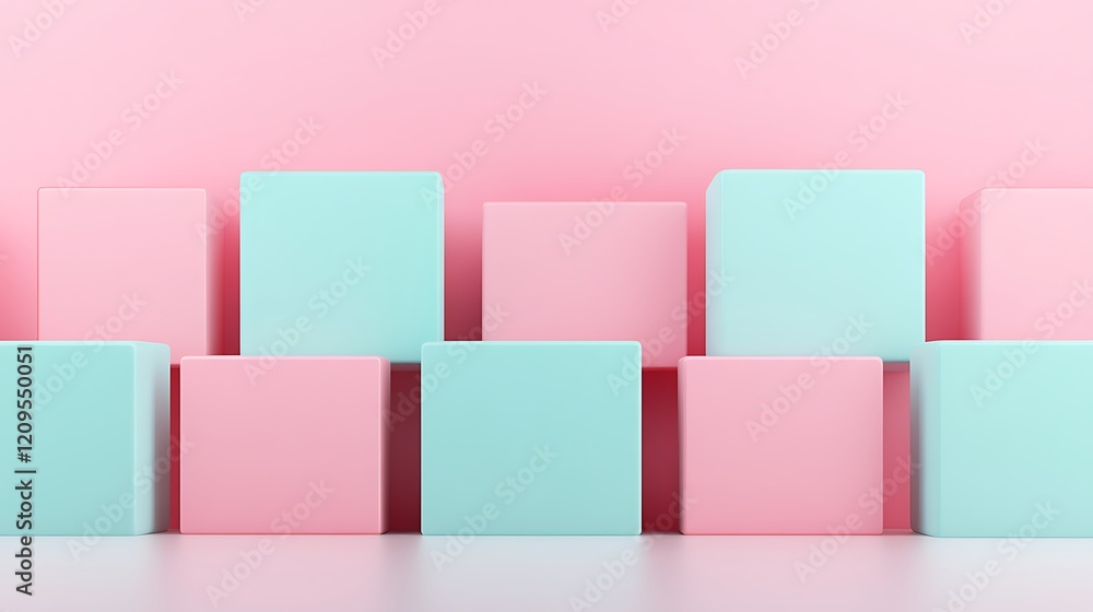 Poster colorful display of pastel blocks in pink and blue arranged on a minimalist background for creative 