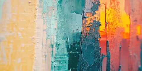 Colorful urban abstract texture featuring layered paint strokes in turquoise, orange, and pastel shades with a blurred background and warm sunlight.