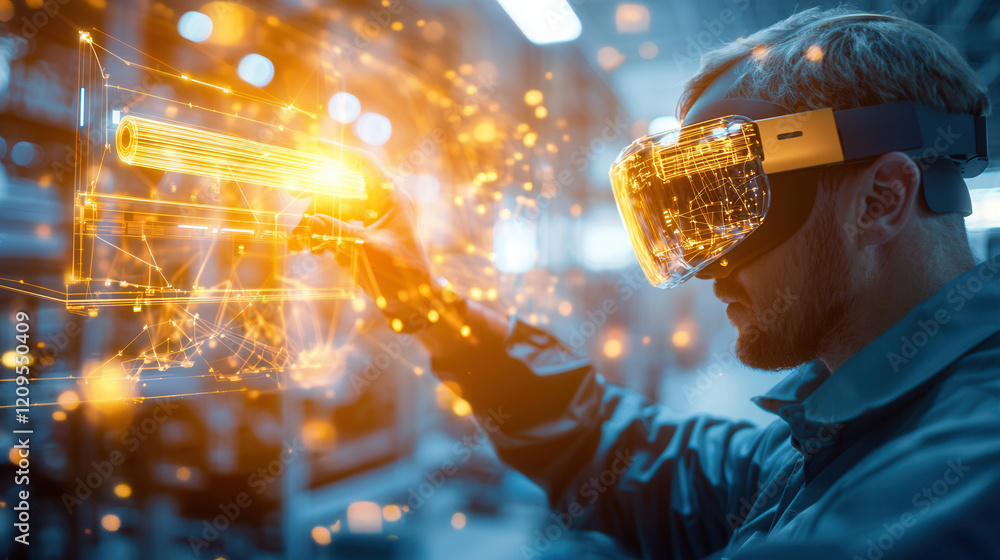 Aufkleber factory foreman using augmented reality glasses to interact with virtual interface in high tech indu