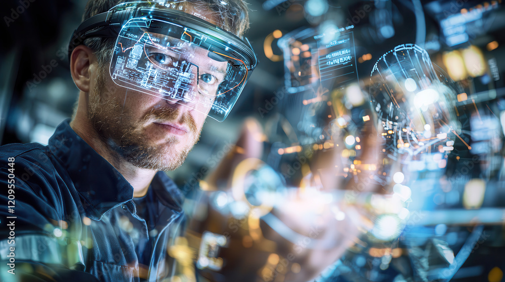 Poster factory foreman uses augmented reality glasses to interact with futuristic digital interface