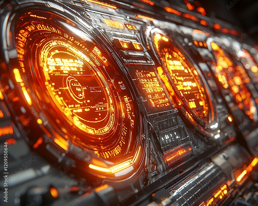 Poster futuristic orange digital dashboard interface.