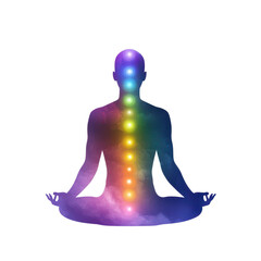 Man practicing yoga pose with chakra symbols in serene indoor environment for mindfulness and wellness.