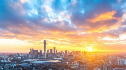 Fototapeta premium Cityscape Sunset: A breathtaking panoramic view of a modern city skyline at sunset, with vibrant colors painting the sky and clouds, creating a dramatic and captivating scene.