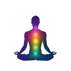 Man in lotus position practicing meditation with chakra symbols represented around him.