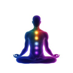 Man in yoga pose with crossed hands and chakra highlights on body in a serene environment.