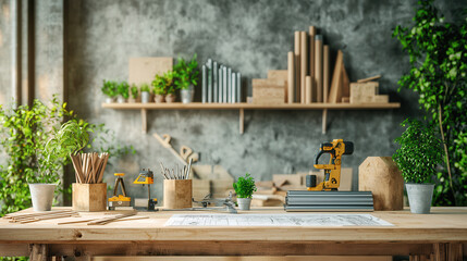 creative workspace with wooden tools, blueprints, and plants wooden table, surrounded by shelves and greenery, exuding natural and productive vibe