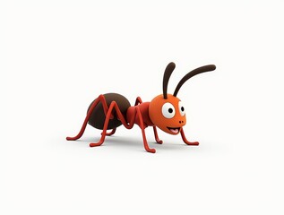 Smiling cartoon ant with orange and brown body standing on white background. Minimalistic 3D rendering