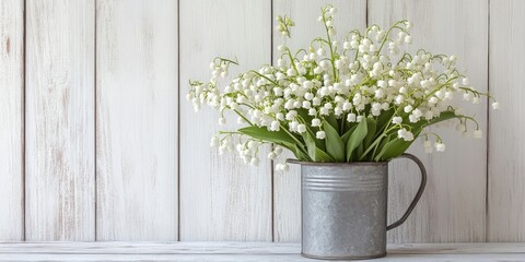 Delicate lilies of the valley in a rustic metal mug against a white wooden backdrop with vibrant greens and soft whites creating a charming scene