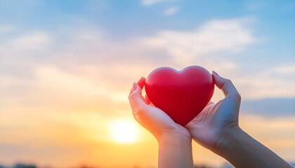 Fototapeta premium Silhouette of women hands holding heart shape at the sky sunset background. concept love valentine day