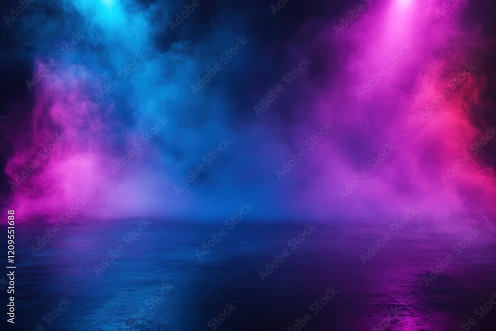 Poster abstract background with a neon blue and purple glow, accompanied by smoke and fog in a studio room,