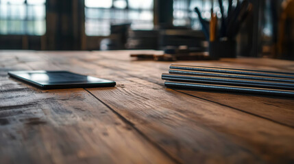 wooden table with steel rods and tablet in workshop, illuminated by natural light