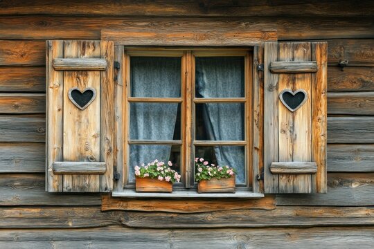 Fototapeta A wooden window with shutters and heart