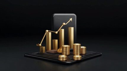 Investment success graph with gold coins and rising bars, symbolizing financial growth and prosperity