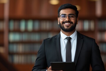 indian happy standing lawyer using tablet in Library 