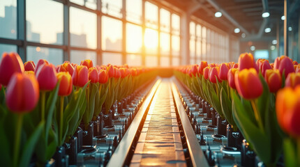 Fototapeta premium a conveyor belt makes bouquets of tulips in the sunset light