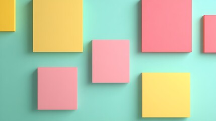 Colorful geometric shapes in pastel hues on a bright mint green background for modern design concepts