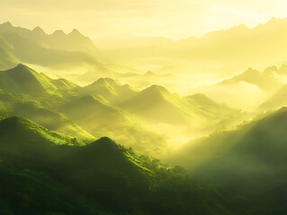 tranquil scene of Jade Valley at sunrise, with soft golden light illuminating the misty hills,...